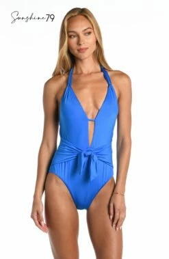 Sunshine 79 Gypset Solids V-Plunge Halter One Piece - Pacific Blue